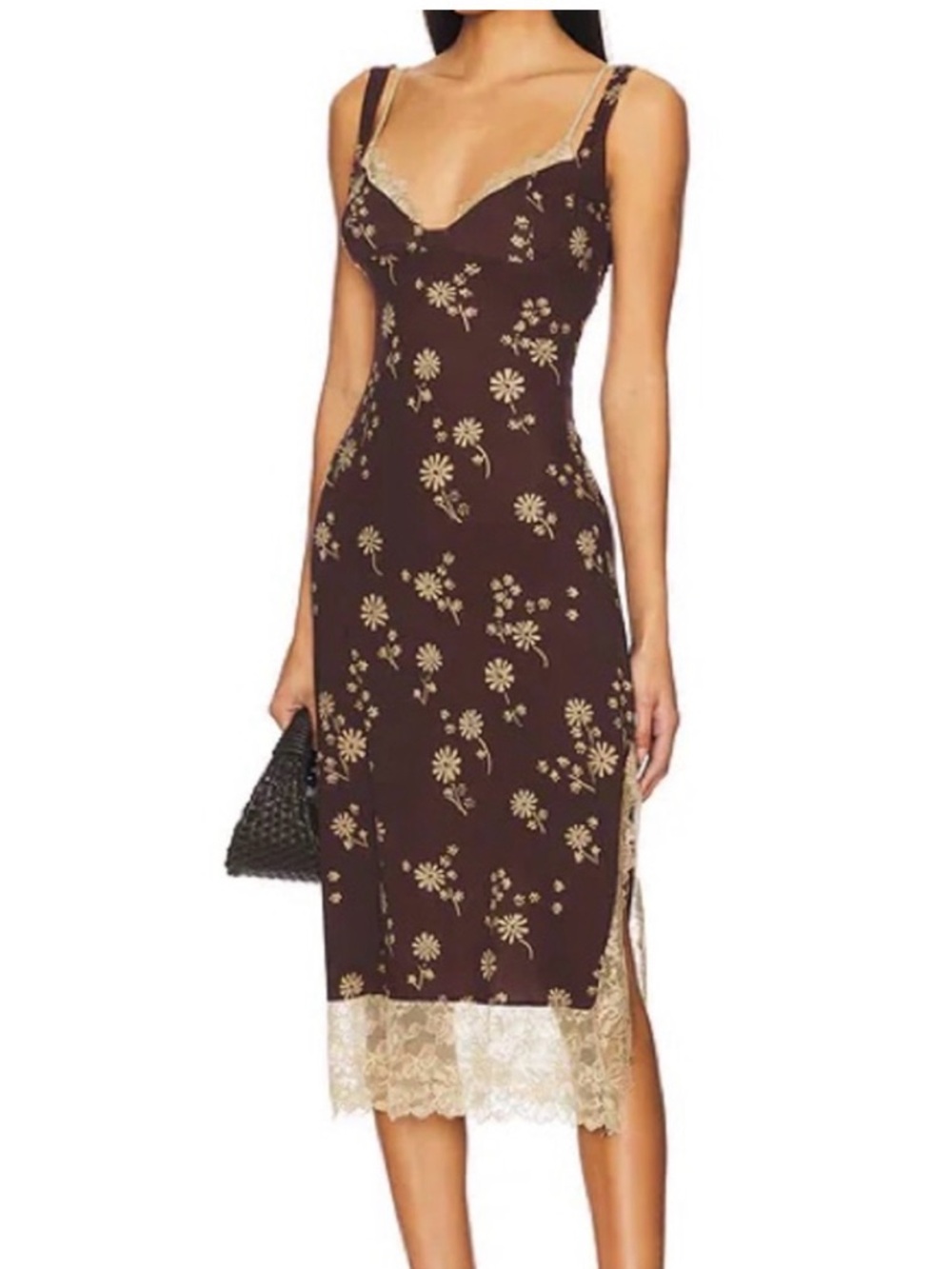 Free People brown floral tan lace Party Crasher slip midi dress Women’s sz S NWT